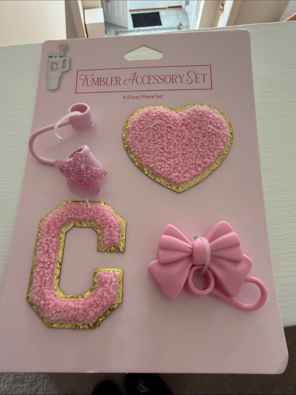Kids Pink Tumbler Accessory Set - Heart, Bow & Letter C